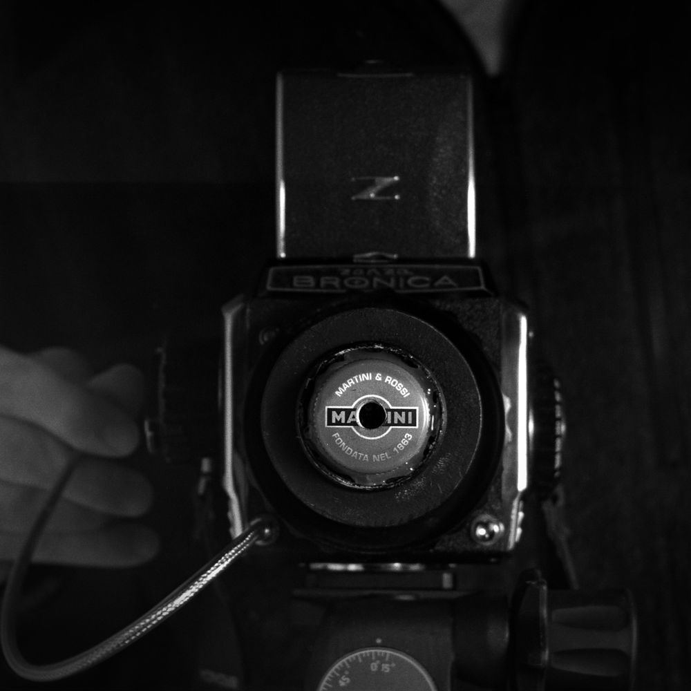 Bronica S2a with box camera lens and Martini bottle cap aperture